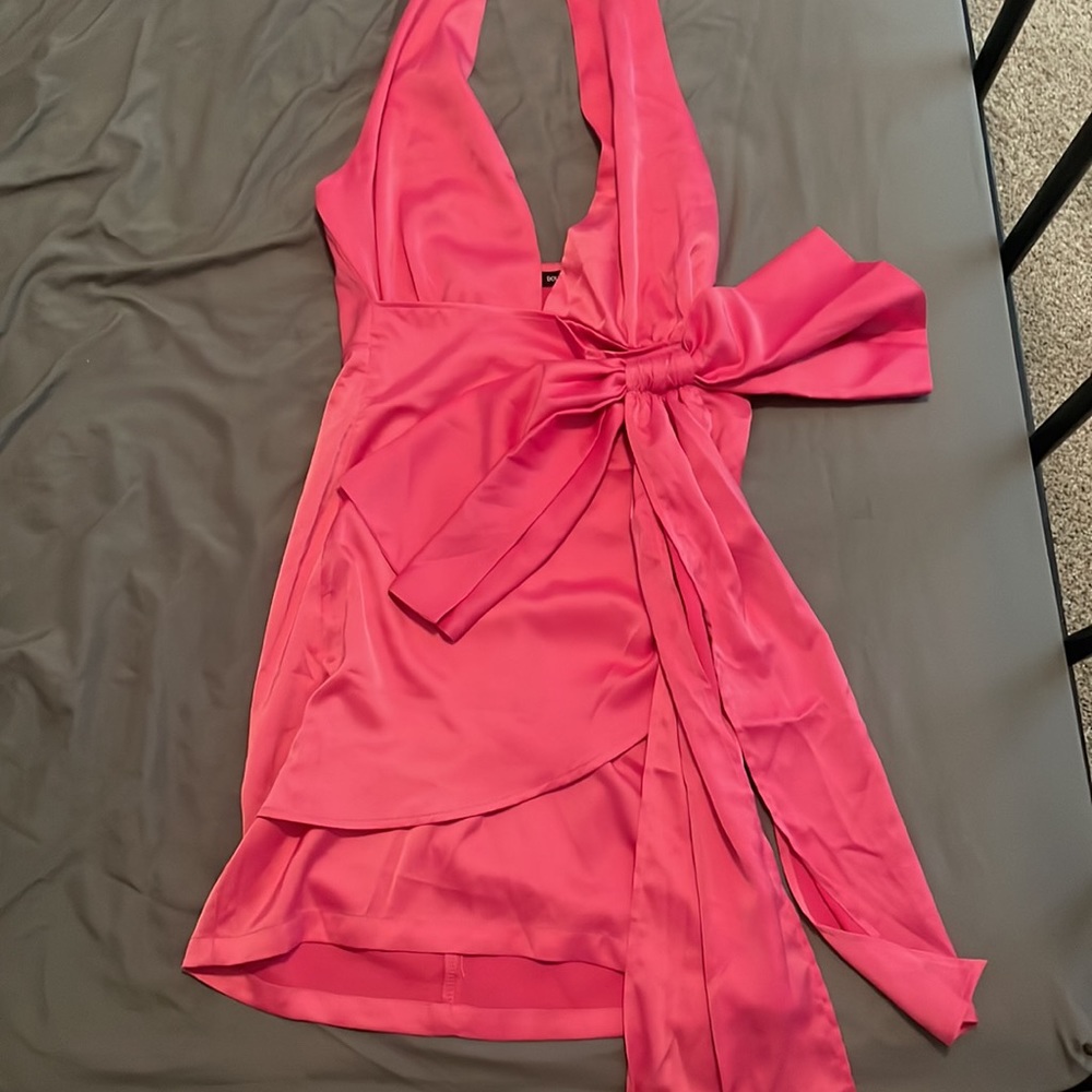 Pink halter top dress with long extended bow